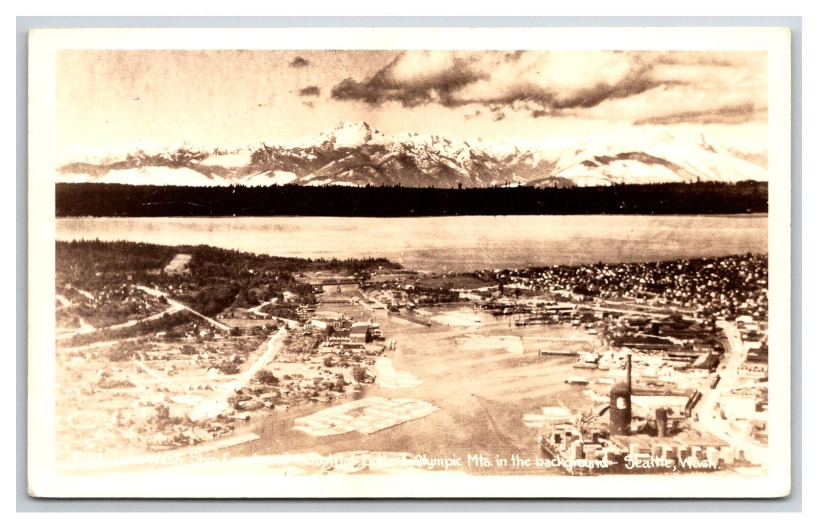 Seattle Washington RPPC Aerial of Ship canal & Olympic Mountains 40s