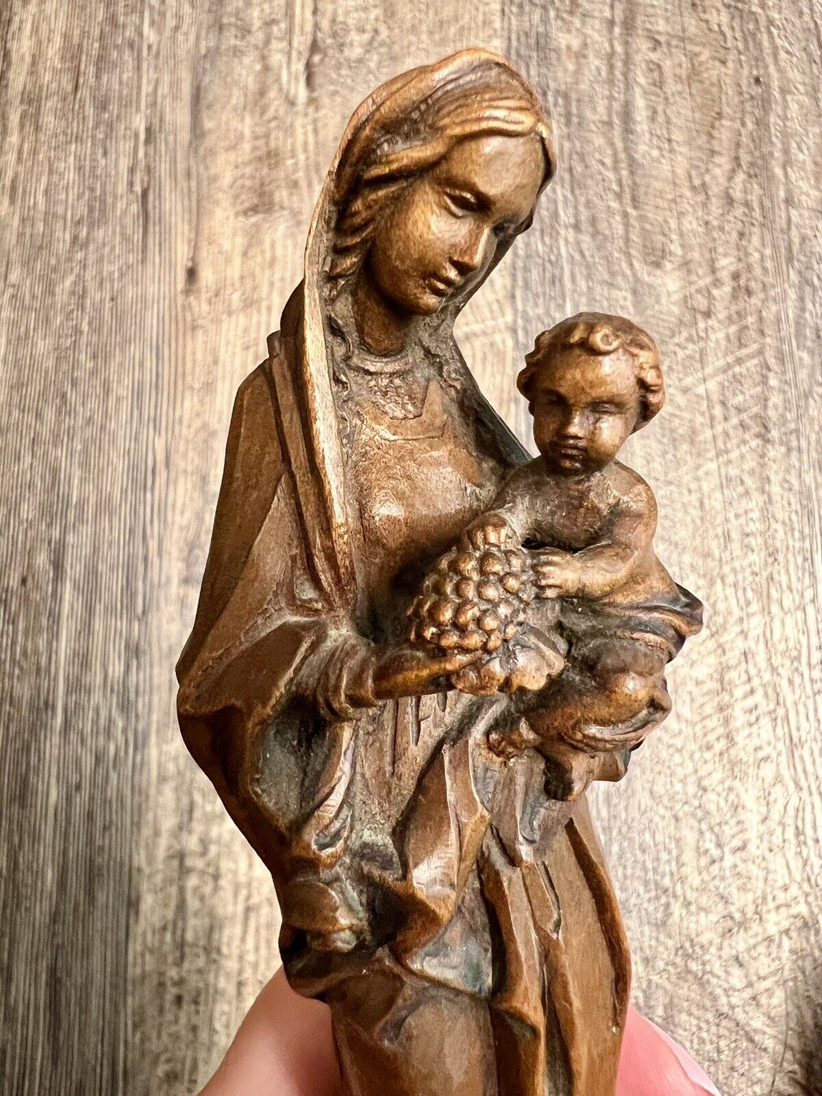 Antique German “Madonna of the Grapes” Hand-Carved Wood Statuette