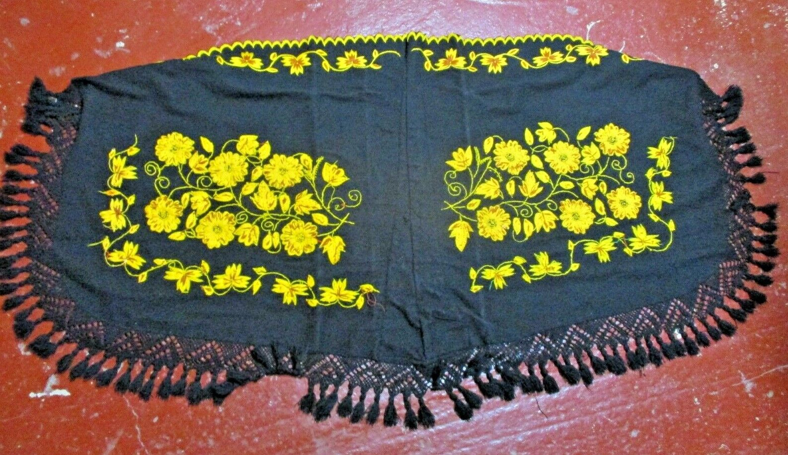 Vintage Linen Couch Bench Cover?  Embroidered Black with Yellow Flowers