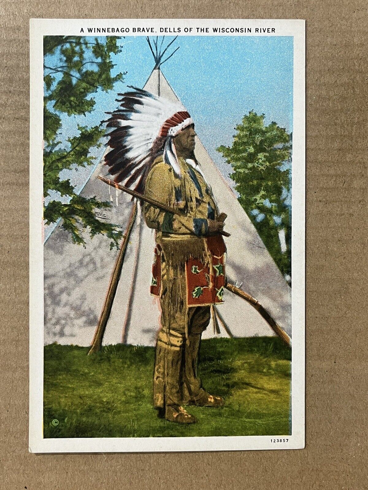Postcard Winnebago Indian Brave Teepee Dells of the Wisconsin WI River