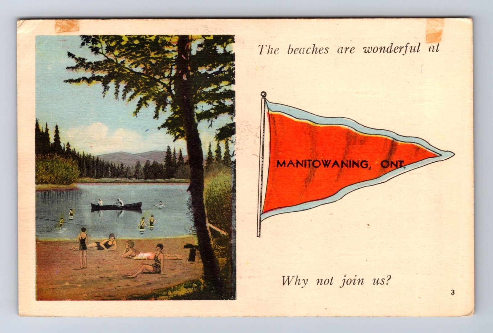 Manitowaning Ontario-Canada, General Beach Greetings, Vintage c1941 Postcard