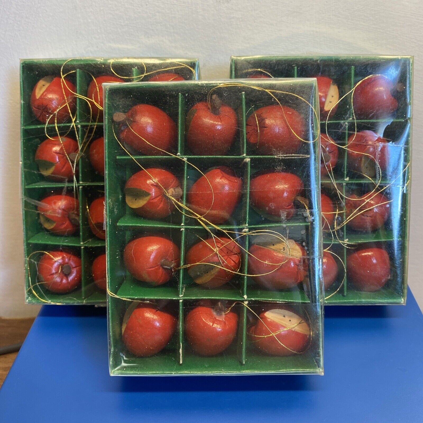 Vintage Handcrafted Wooden Miniature Apple Christmas Mini Ornament 3 Box Of  12