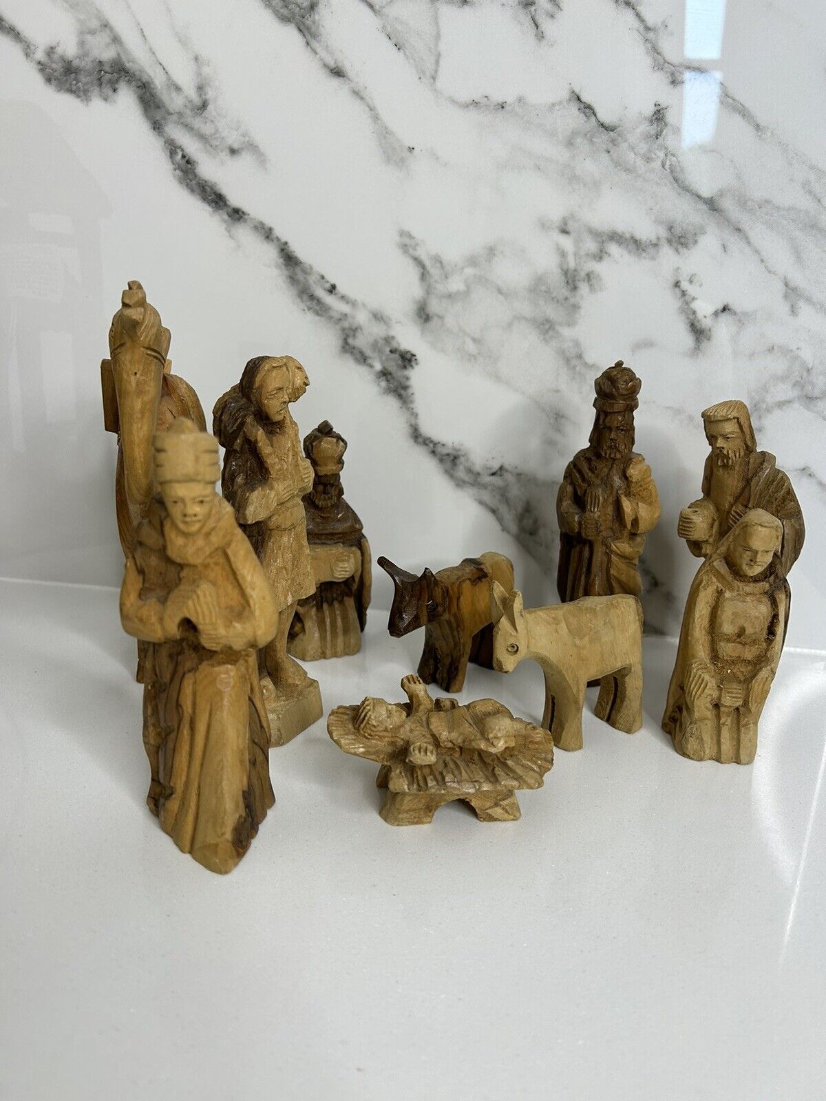 Vintage 10Piece Nativity Set Olive Wood Hand Carved Details 6”Handmade Jerusalem