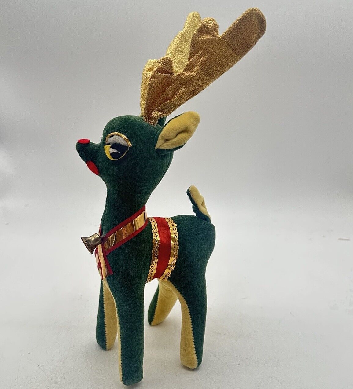 Vintage 1950s Christmas Reindeer Decor Velveteen Felt MCM  Green Kitsch