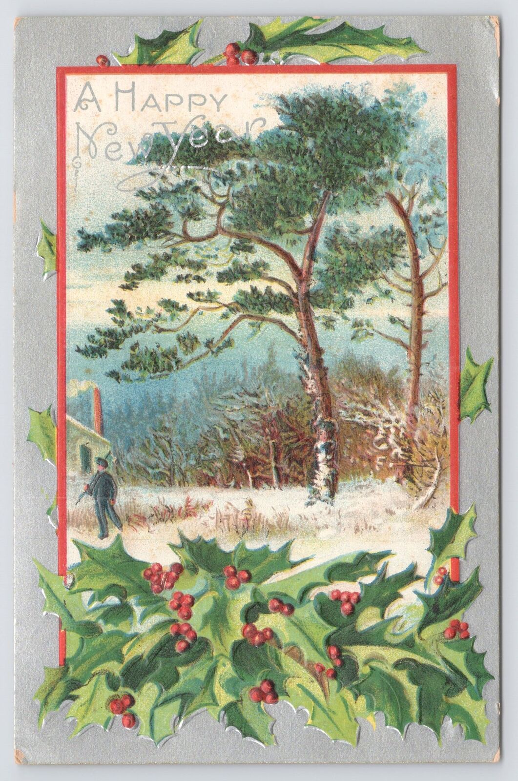 Holiday~A Happy New Year~Snowy Forest~Holly Berries~Wintertime~Snowfall~Vintage
