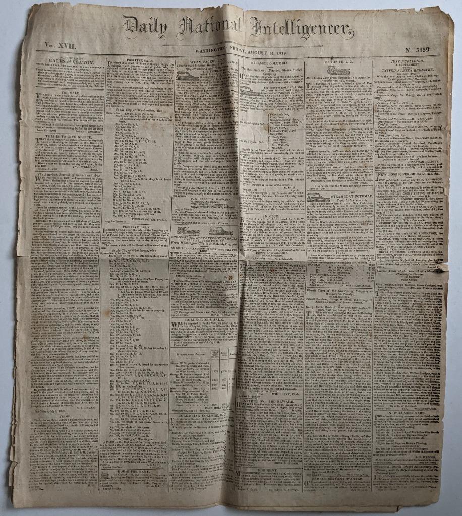 1829 AUG 14 DAILY NATIONAL INTELLIGENCER Published GALES & SEATON Washington DC