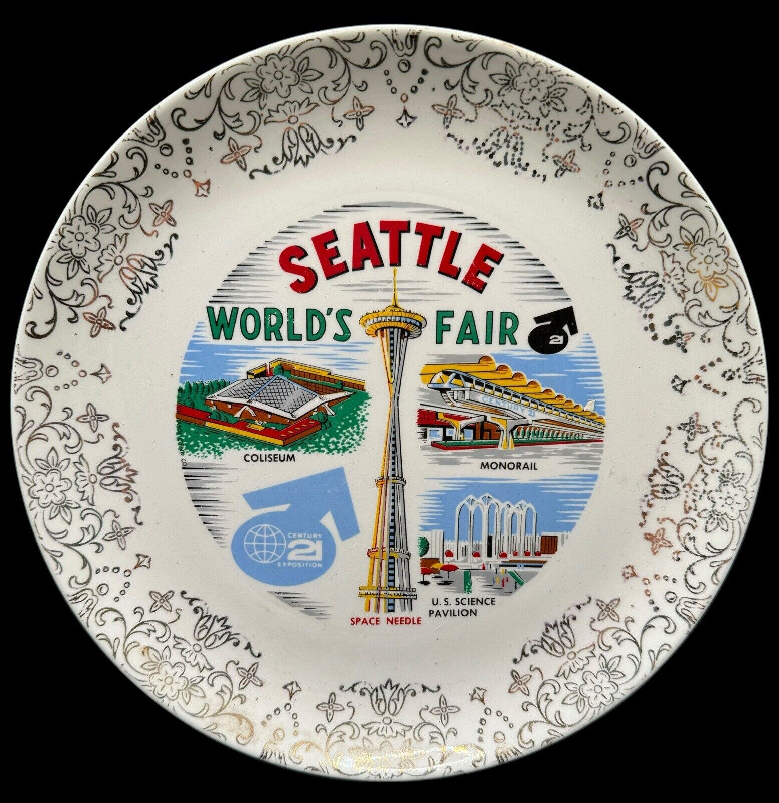 Vintage Porcelain Souvenir Plate Seattle Worlds Fair Century 21 Washington 9”