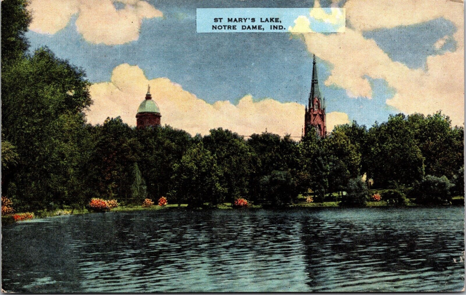 1940s St. Mary\'s Lake & Cathedral Spire Notre Dame University Indiana Postcard