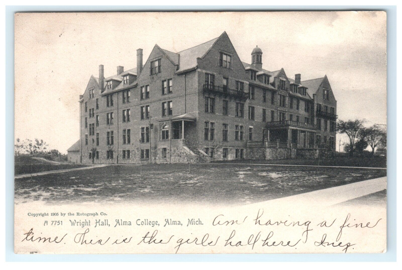 1906 Wright Hall Alma College Alma, MI Michigan Early Postcard Rotograph