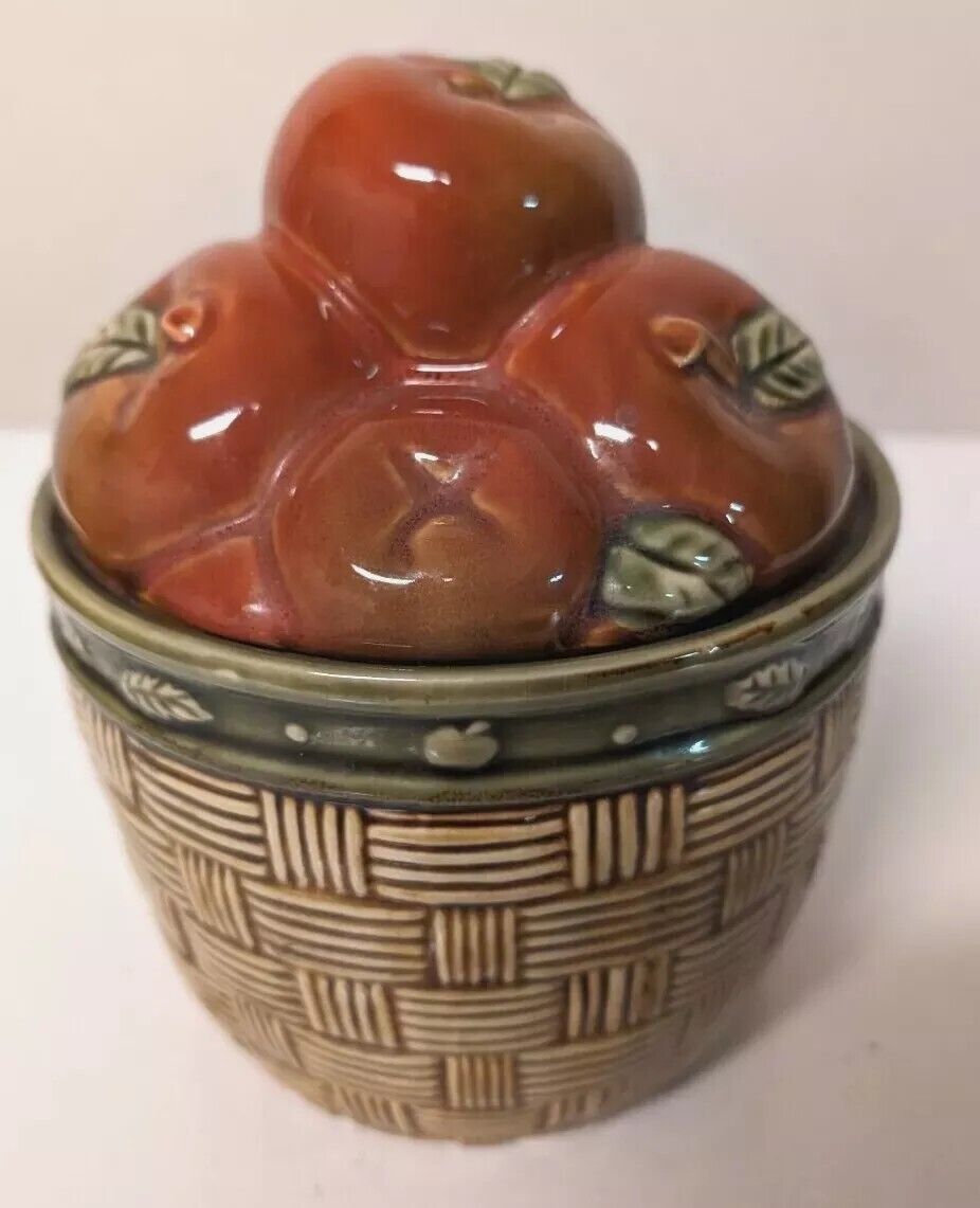 1 PC Vtg Apple Basket Canister Ceramic Lid Pottery Container