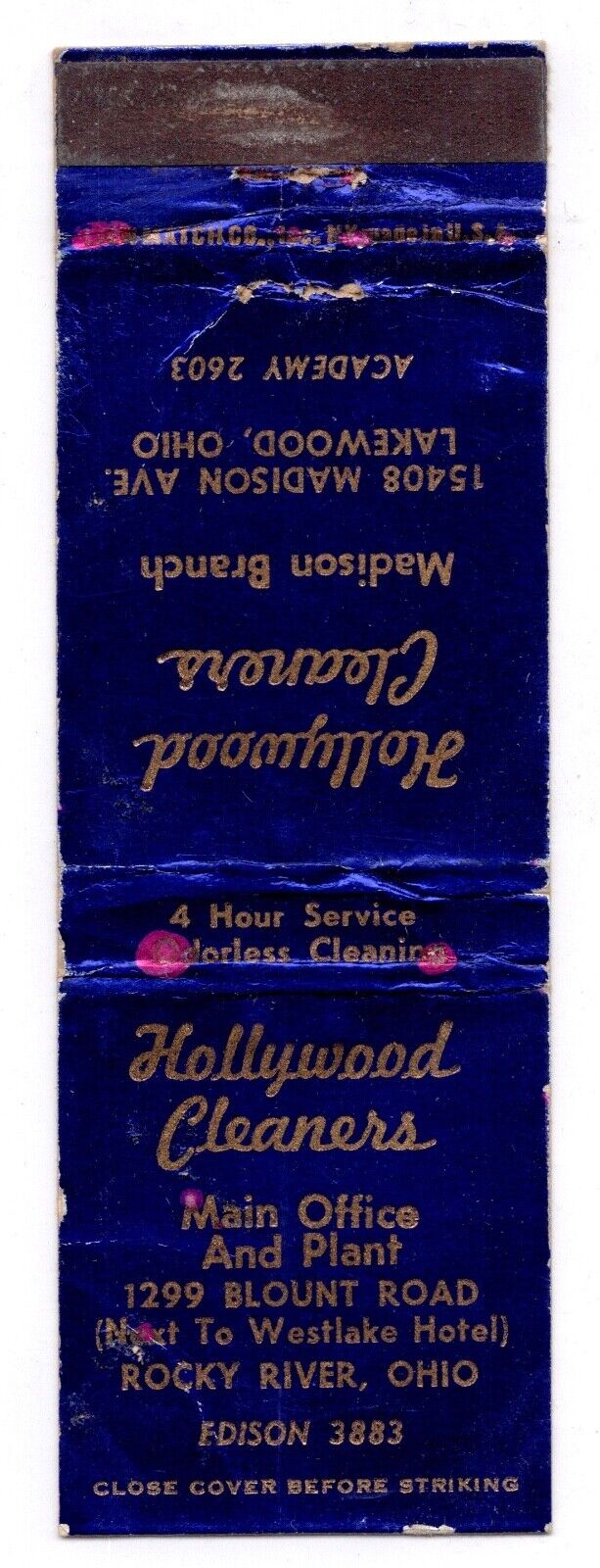 c1940s Hollywood Cleaners Rocky River Lakewood Ohio OH Vintage Matchbook Cover