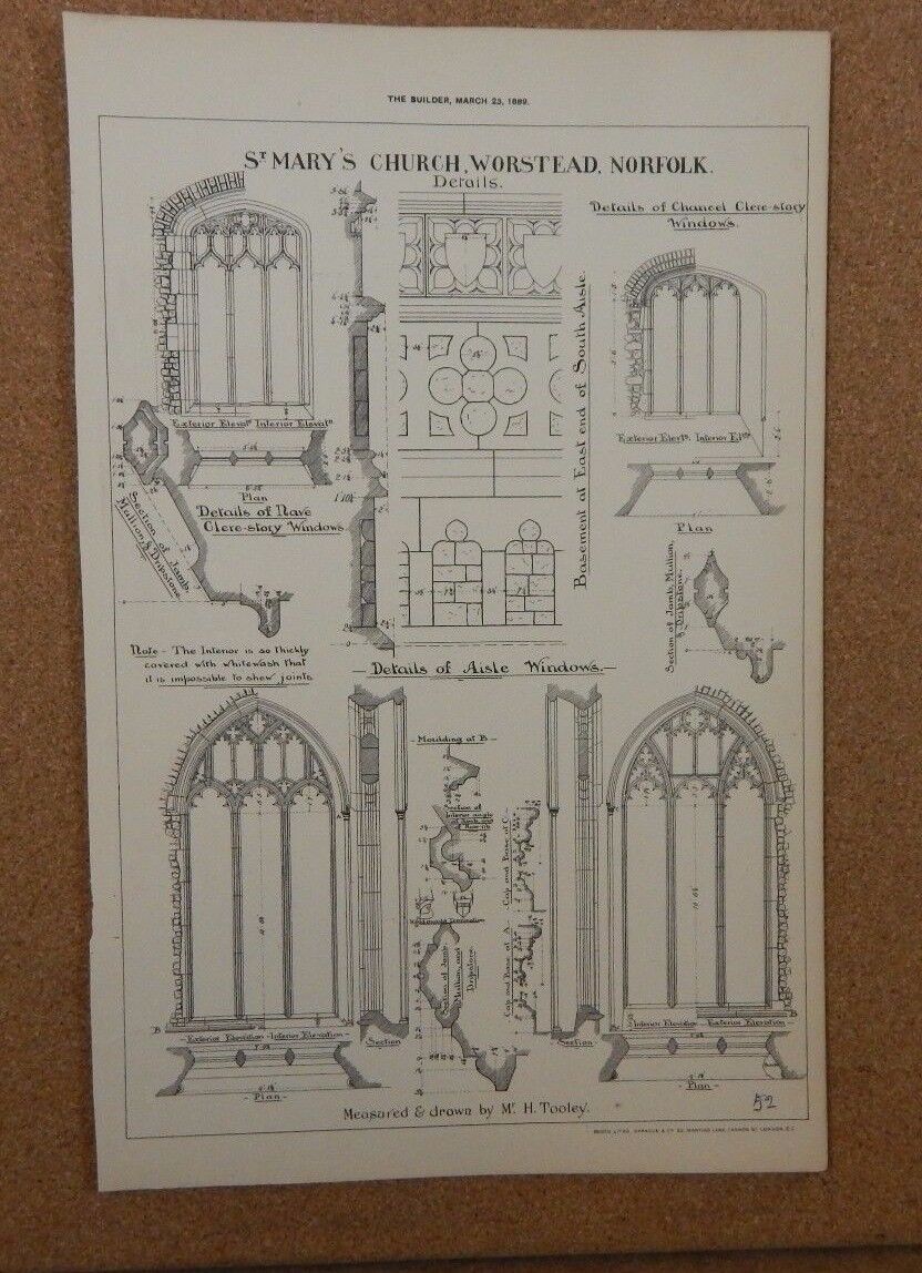 Antique Architects print St Mary\'s Church Worsted Norfolk Detail th builder 1889
