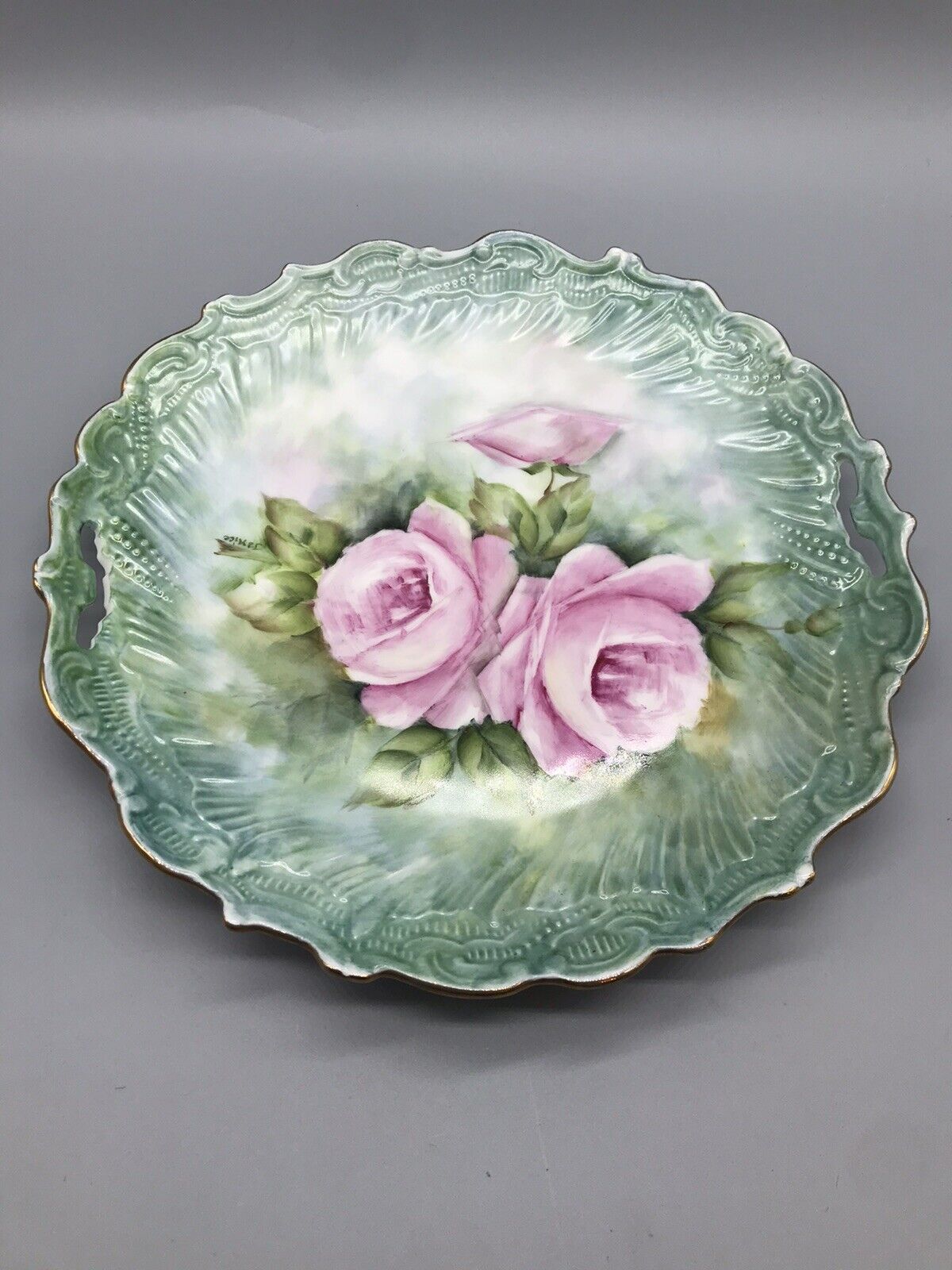 Hand Painted Pink Rose Vintage Janice Thompson Kentucky Scalloped Plate STUNNING