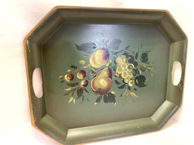 VTG Nashco Metal Tray 1950s NYC Hand Painted Floral Toleware Sage Green 17 x14\