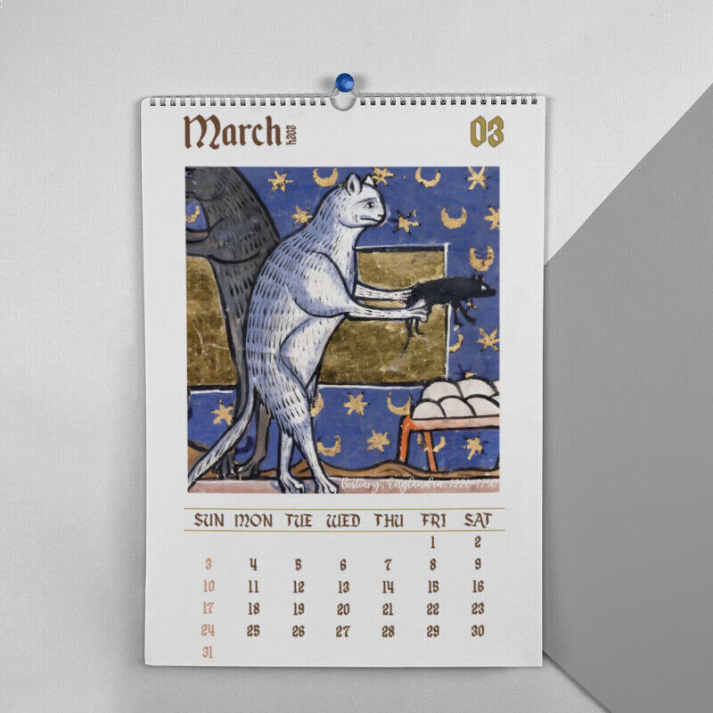 Funny Medieval Cat Painting 2024 Wall Hanging Calendars Gifts Living Room Decor