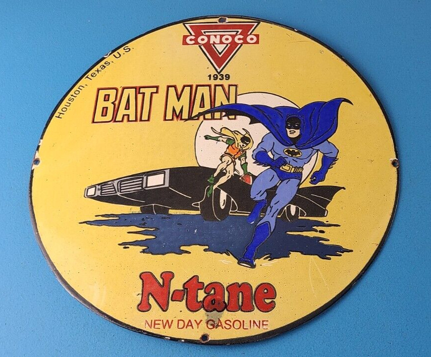 Vintage Conoco Gasoline Porcelain Sign - Batman Robin Comics Texas Gas Pump Sign