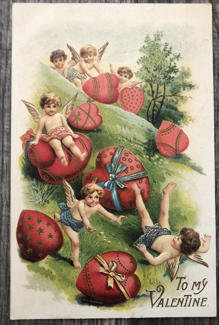 Valentine’s Day Cherubs Cupids Tumbling Down Hill W Hearts Vintage Postcard KK11