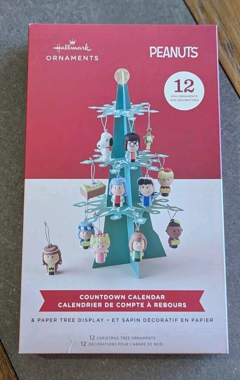 Peanuts Hallmark Countdown Advent Calendar 12 Mini Ornaments Tree Display, NIB