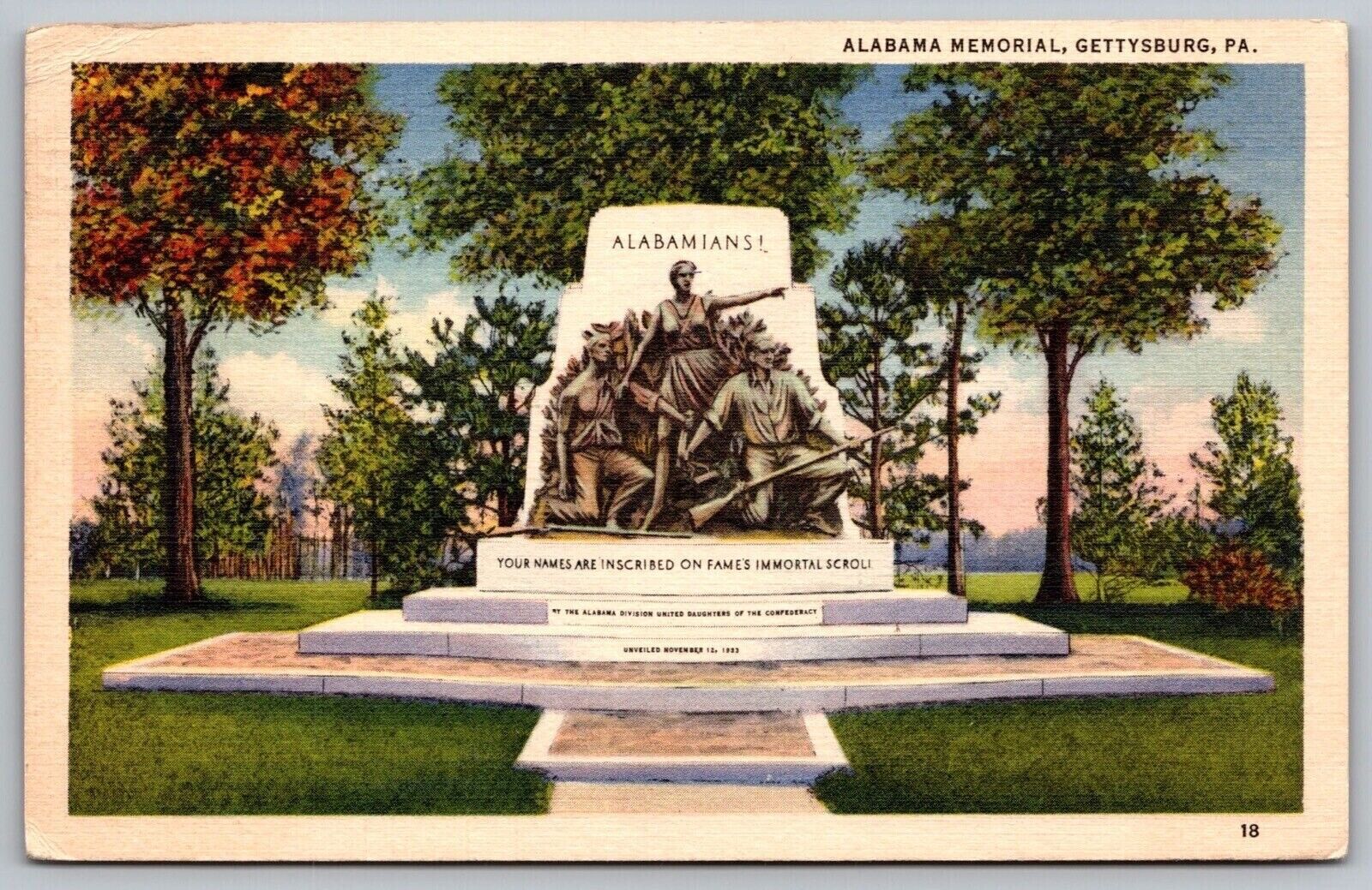 Alabama Memorial Gettysburg Pennsylvania Historic Monument Statue Linen Postcard