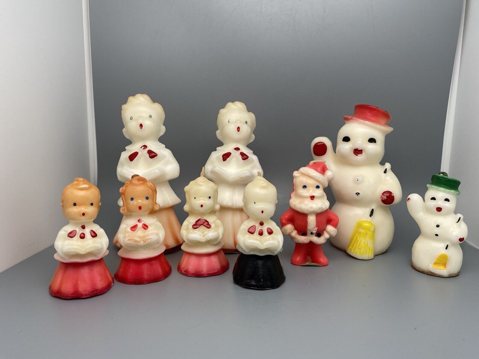 9 Assorted Sizes 1950\'s Gurley Candles Snowman Santa Carolers Never Lit