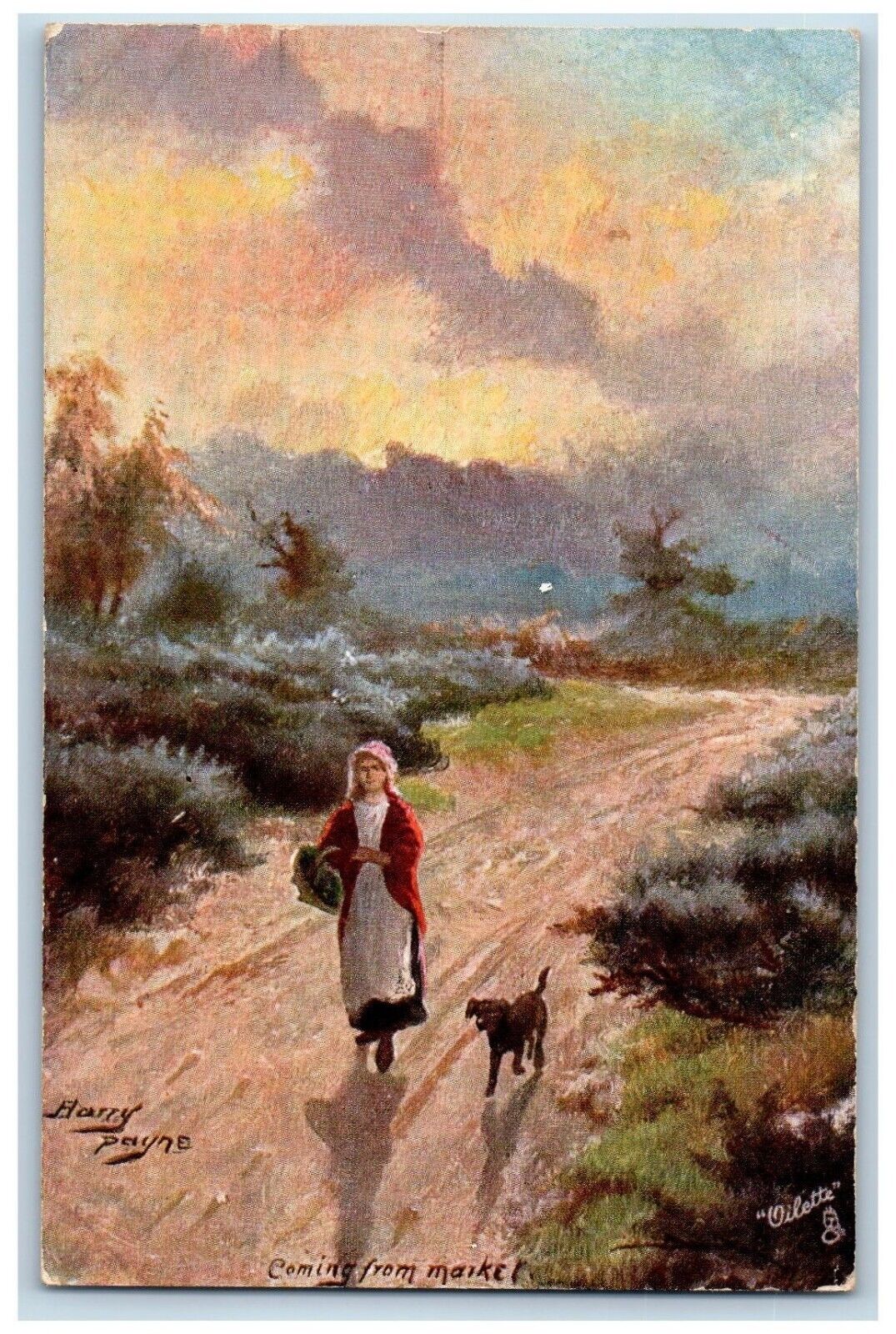 Harry Payne Artist Signed Postcard Woman Coming From Market Centerville WA Tuck