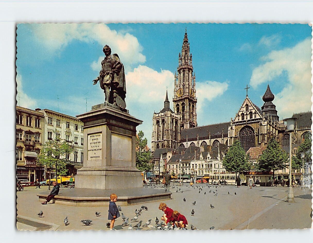 Postcard Green Square with Rubens\' Statue and Cathedral Antwerp Belgium
