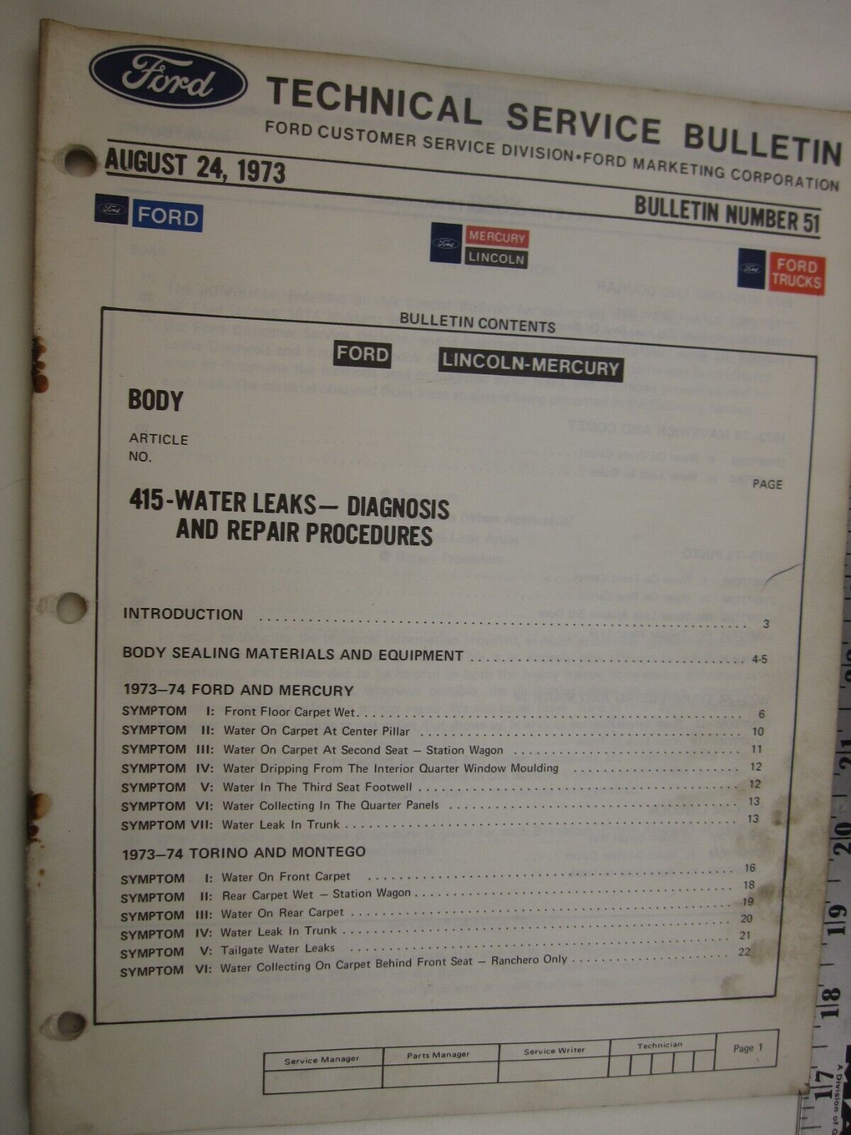 August 24, 1973 FORD Technical Service Bulletin Number 51   BIS
