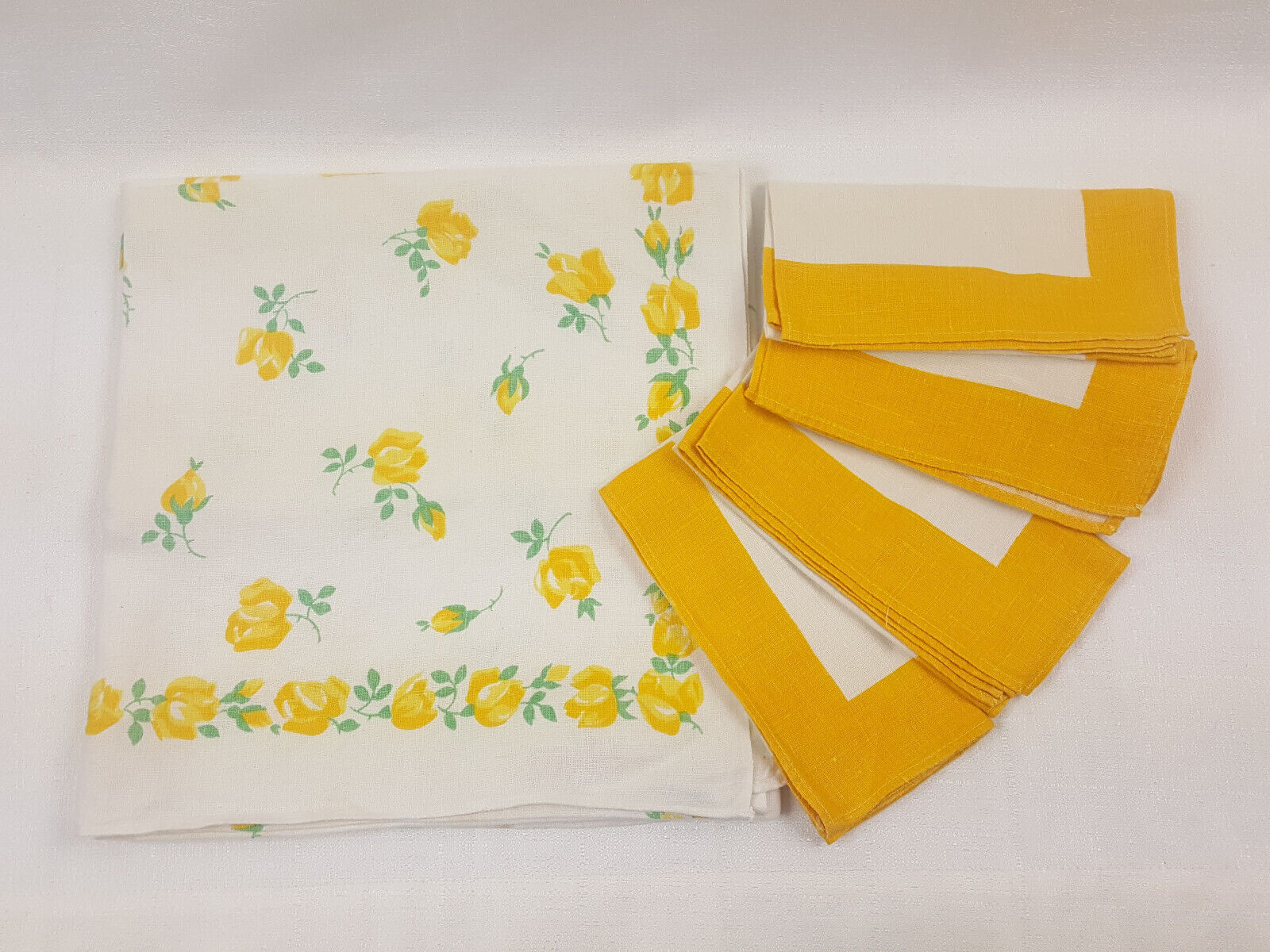 Vintage Tablecloth and Napkins Mid Century Yellow Rose Buds Party Table Decor