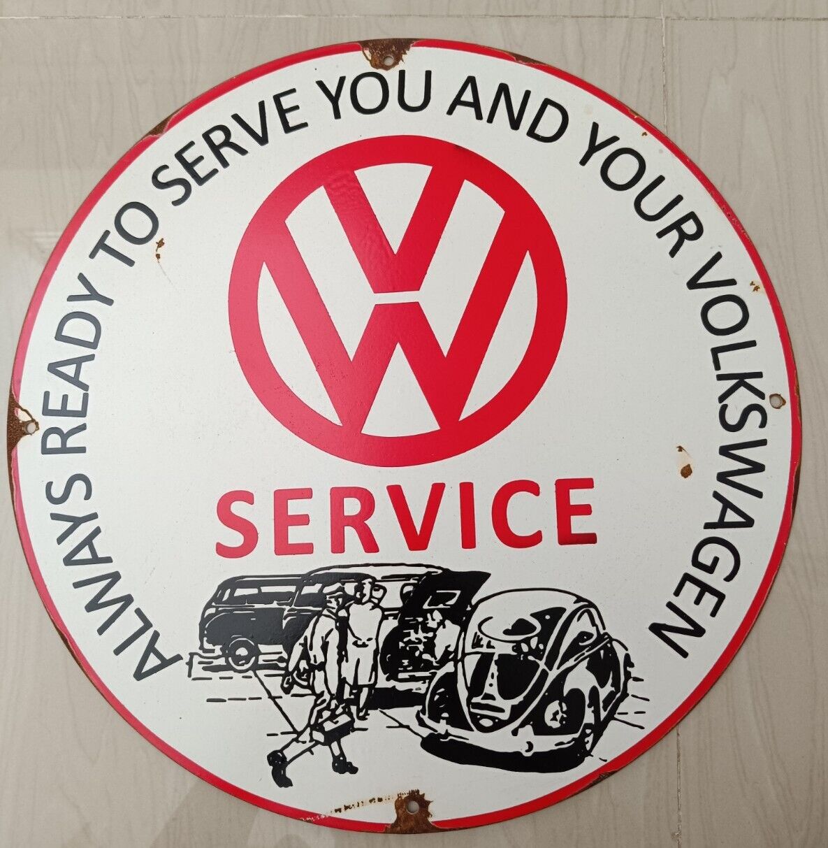 Vintage Old Volkswagen SERVICE Sign 40Cm Diameter Metal Sign Enamel Finished 