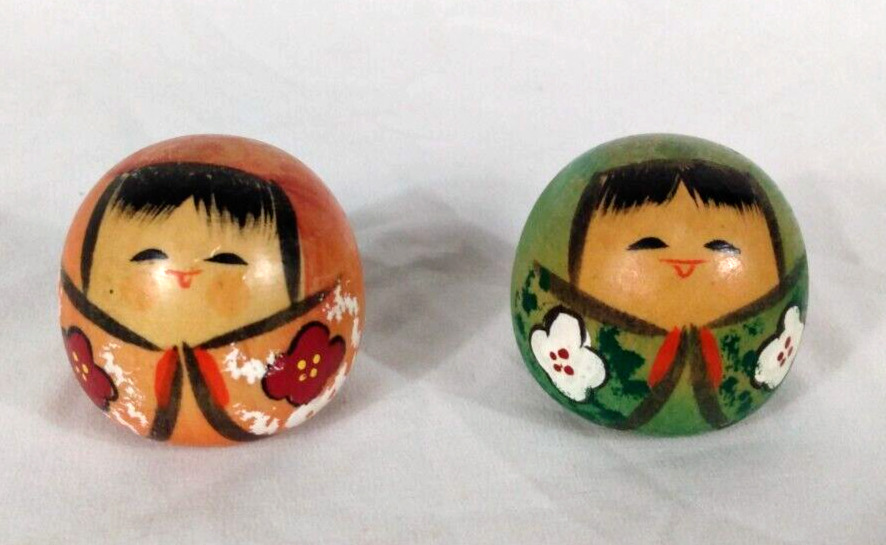 Vintage Japanese Kokeshi Dolls Wood Egg Shape Set Of 2