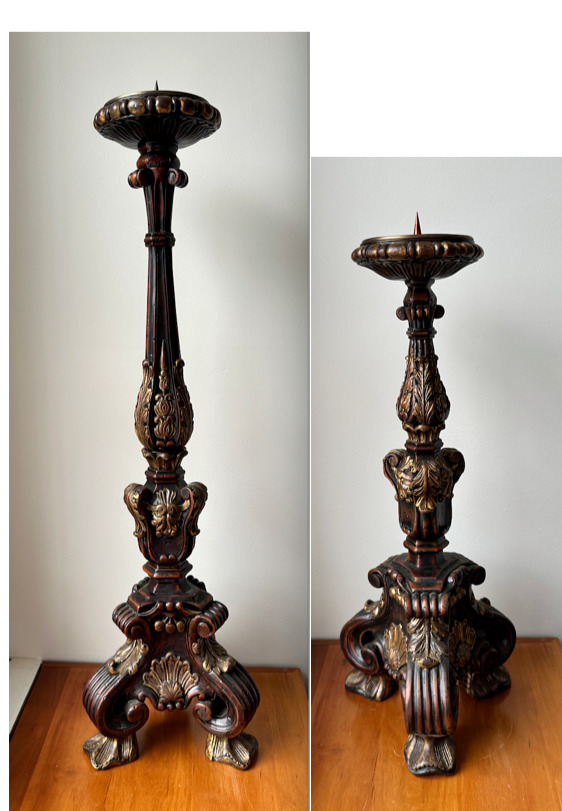 Pair Large Handcarved Wooden Pricket Ornate Altar Candlesticks Candle Holder