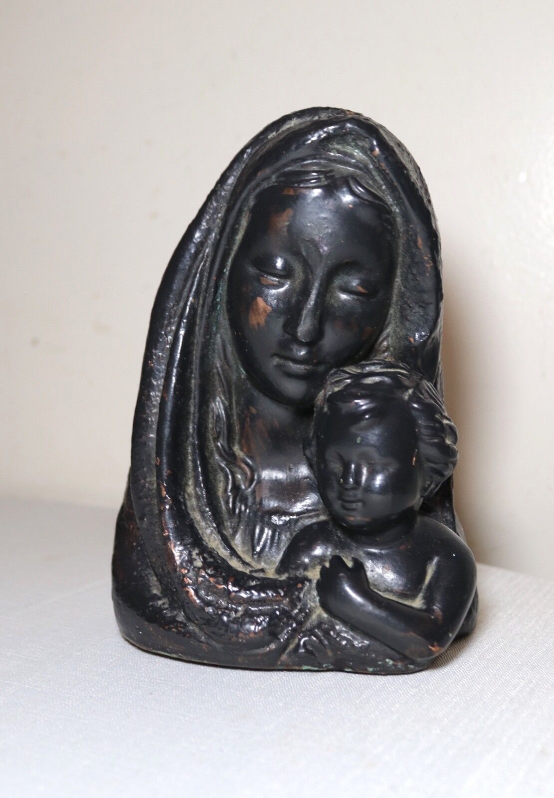 antique patinated bronze clad religious Mary baby Jesus statue figurine bust 