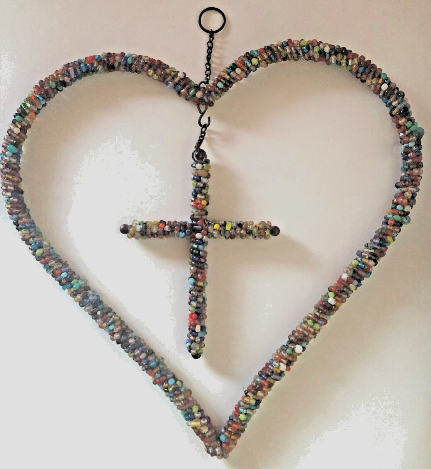 2 pc. VINTAGE RELIGIOUS MEXICAN CULTURE HANDCRAFTED BEADED HEART WALL HANGING