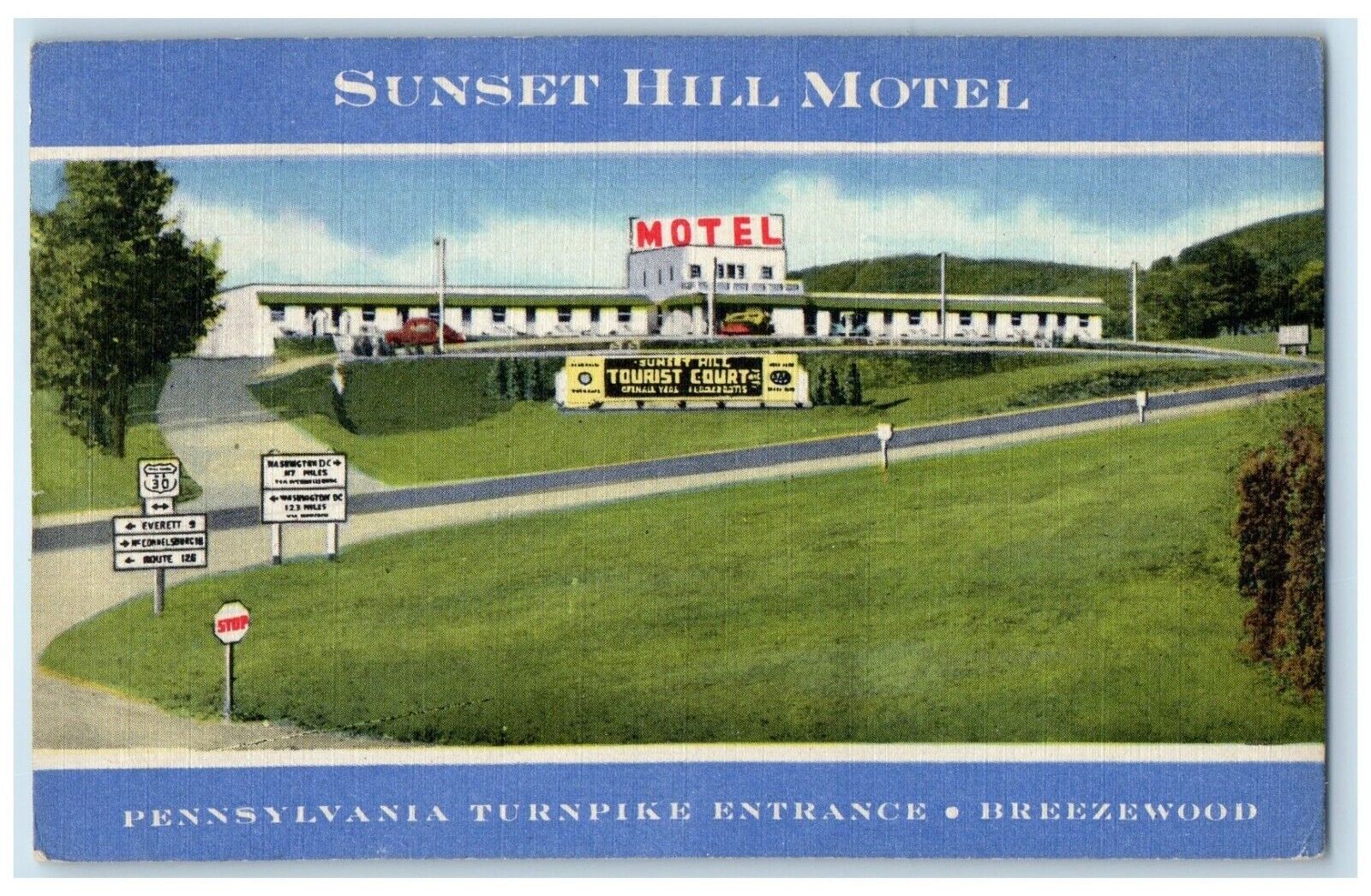 1954 Sunset Hill Motel Breezewood Pennsylvania PA Posted Vintage Postcard