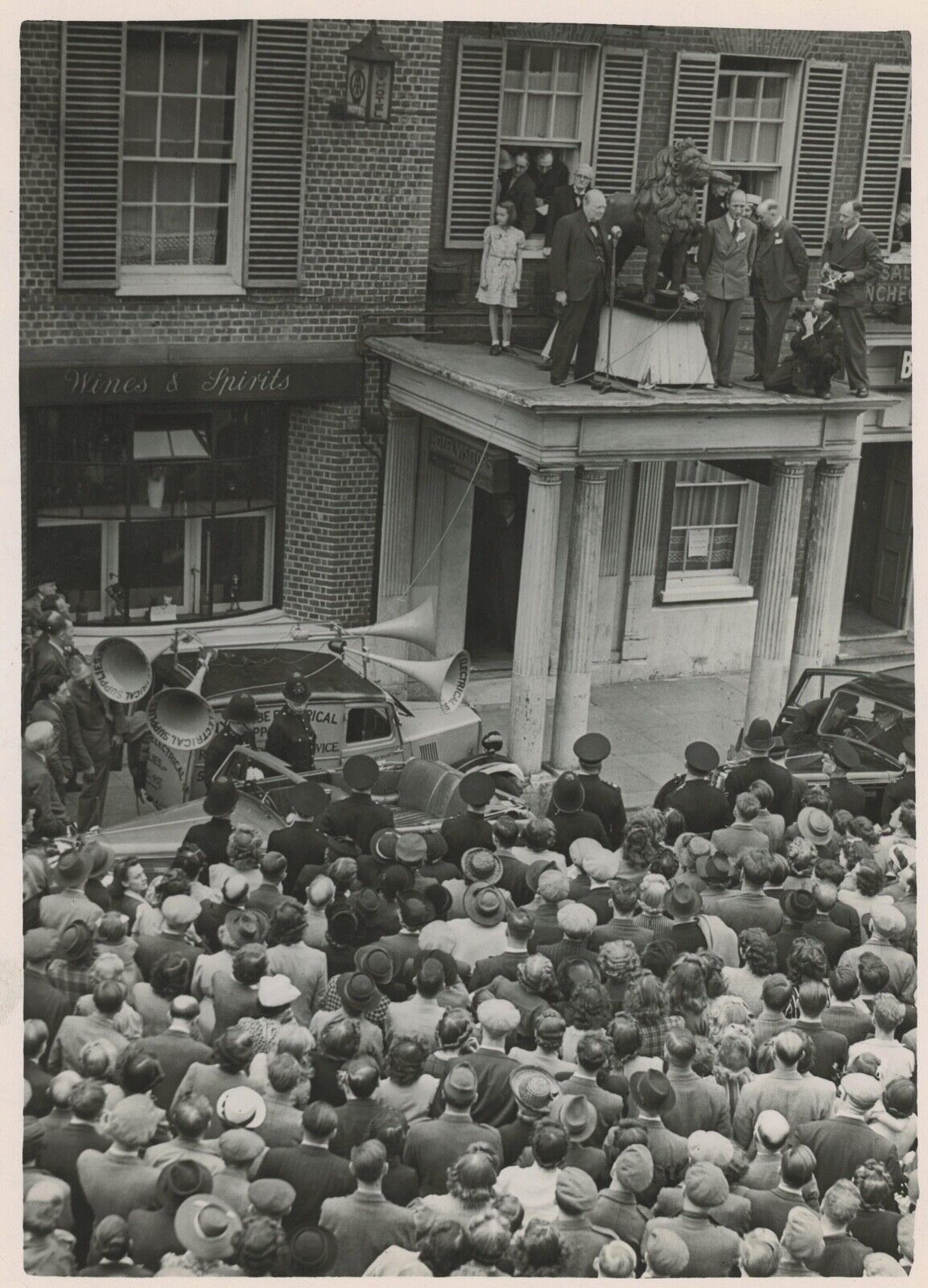 25 June 1945 press photo - Churchill delivering a campaign speech from a rooftop