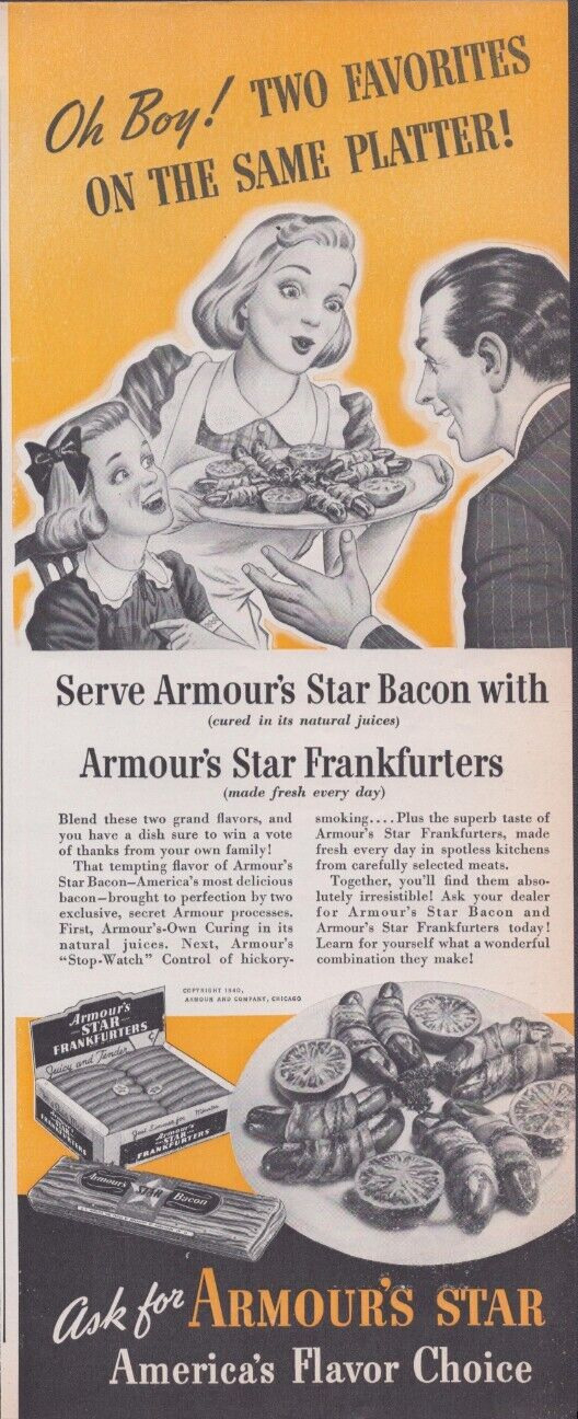 1940 Print Ad Armour\'s Star Bacon Frankfurters Oh Boy Two Favorites Platter