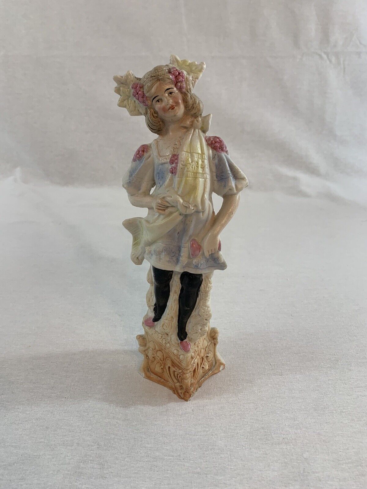 Antique Vintage German Bisque Figurine Young Girl With Grape And Sash