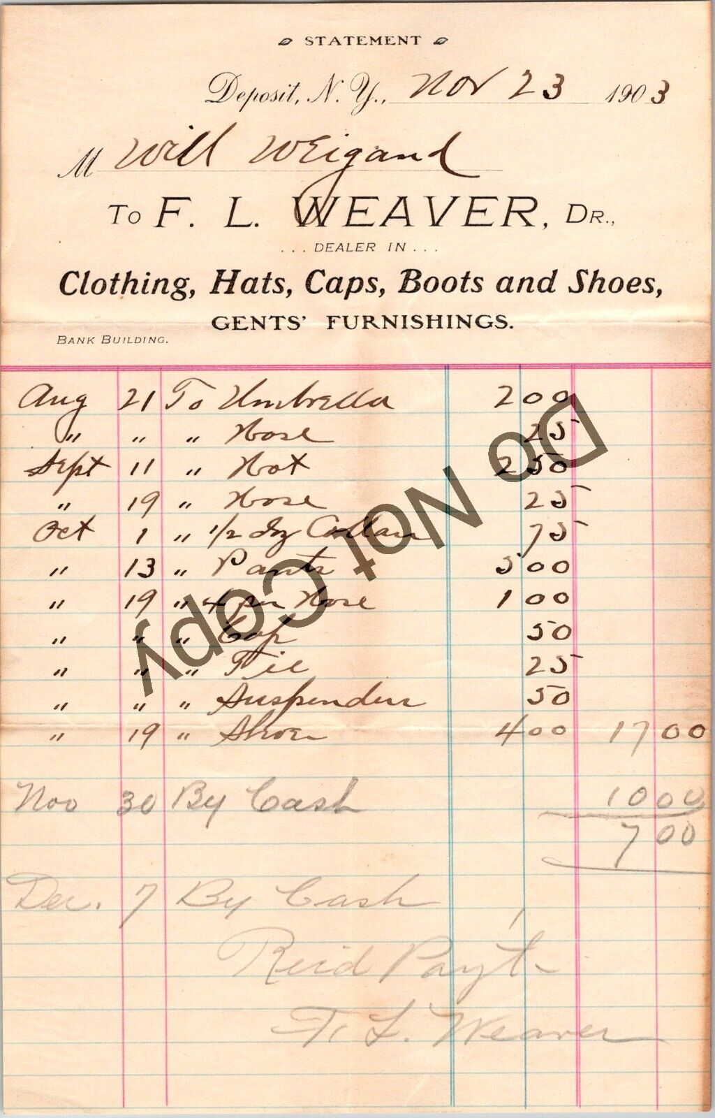 Antique 1899 F L Weaver Dr Clothing Hats Caps Boots Shoes Gents Furnishing  AS23