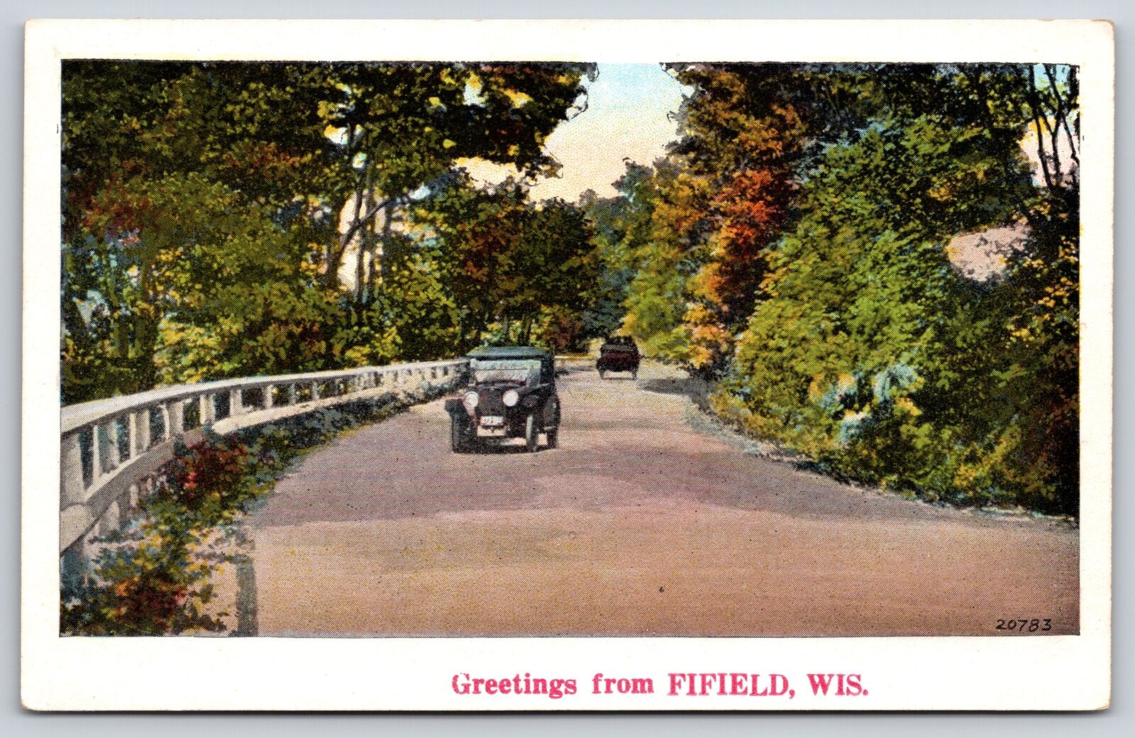 Fifield Wisconsin~Greetings~Classic Cars On Scenic Highway~Vintage Postcard