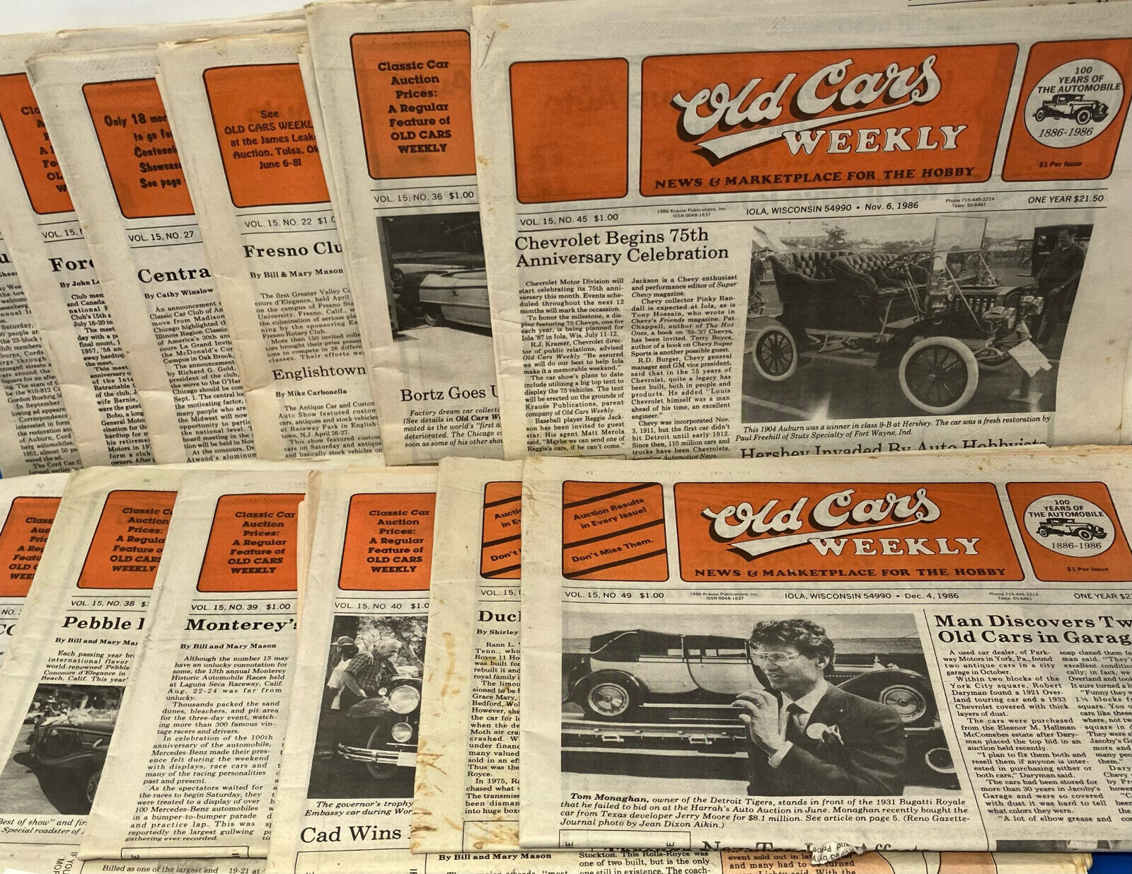 1986 Lot of 12 OLD CARS WEEKLY NEWS & MARKETPLACE, 1904 Auburn, Hershey