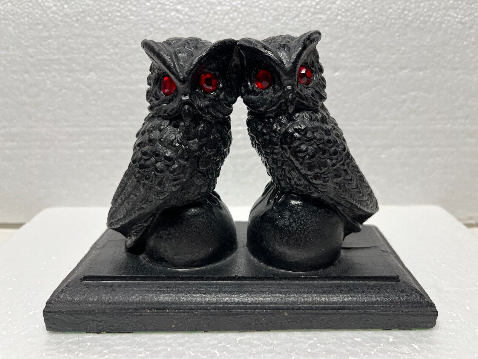 A Pair of Owls with Red Rhinestone Eyes Hand Crafted from Coal - Vintage