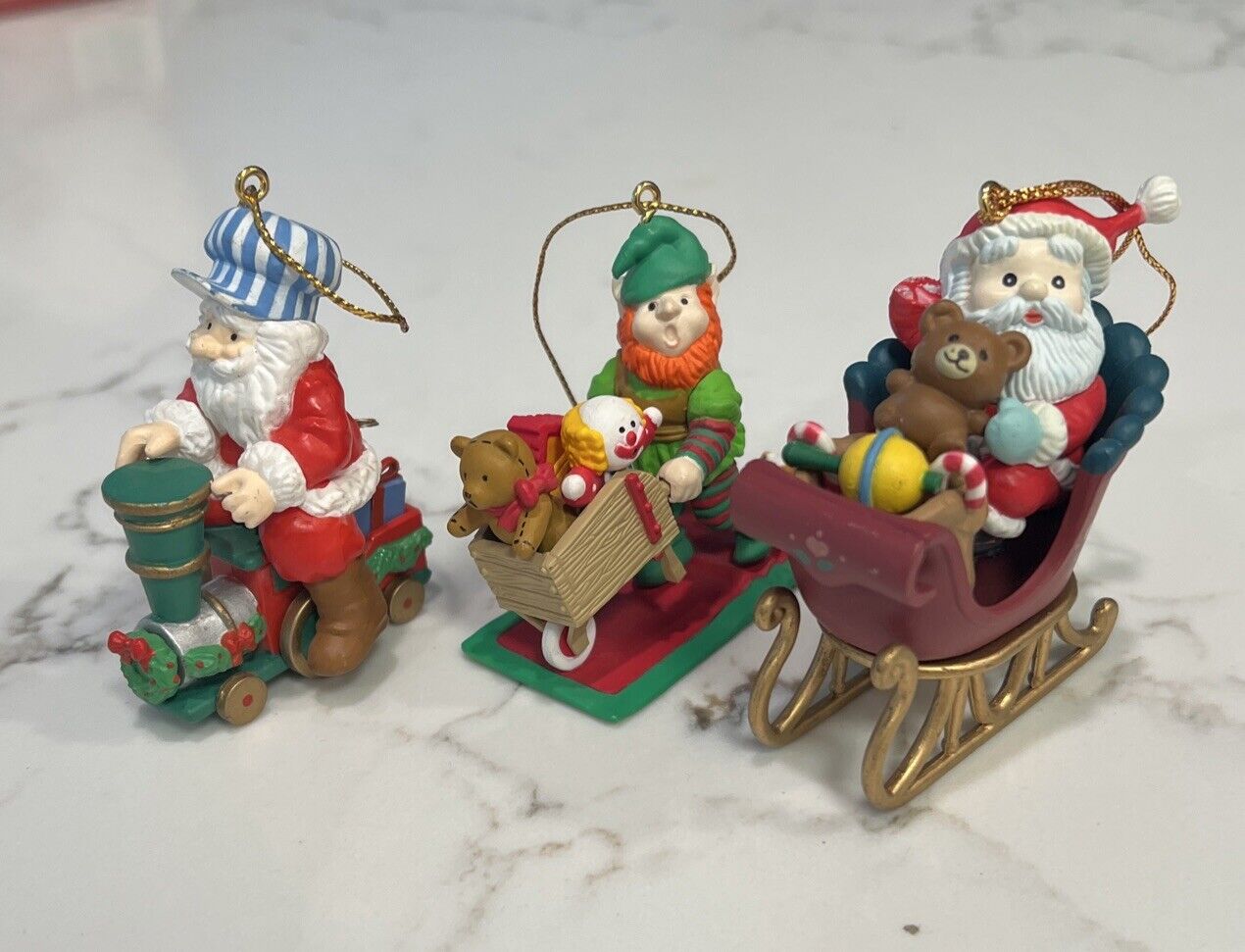 Vintage 3 Ornaments Christmas Santa-sleigh-train-elf 1991-92