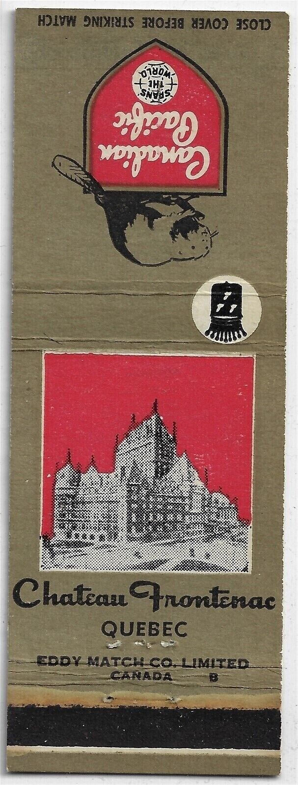 Chateass Frontenae Hotel Quebec Canadian Pacific RREmpty Matchcover