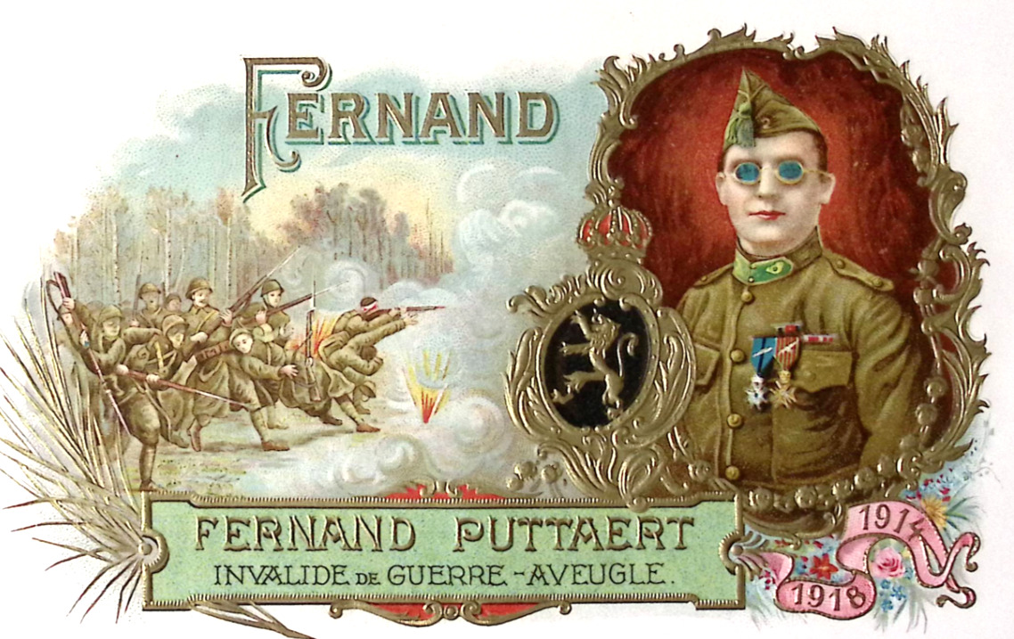 1920 Fernand Puttaert BLIND WAR INVALID Gilt Embossed Cigar Box Label Soldiers