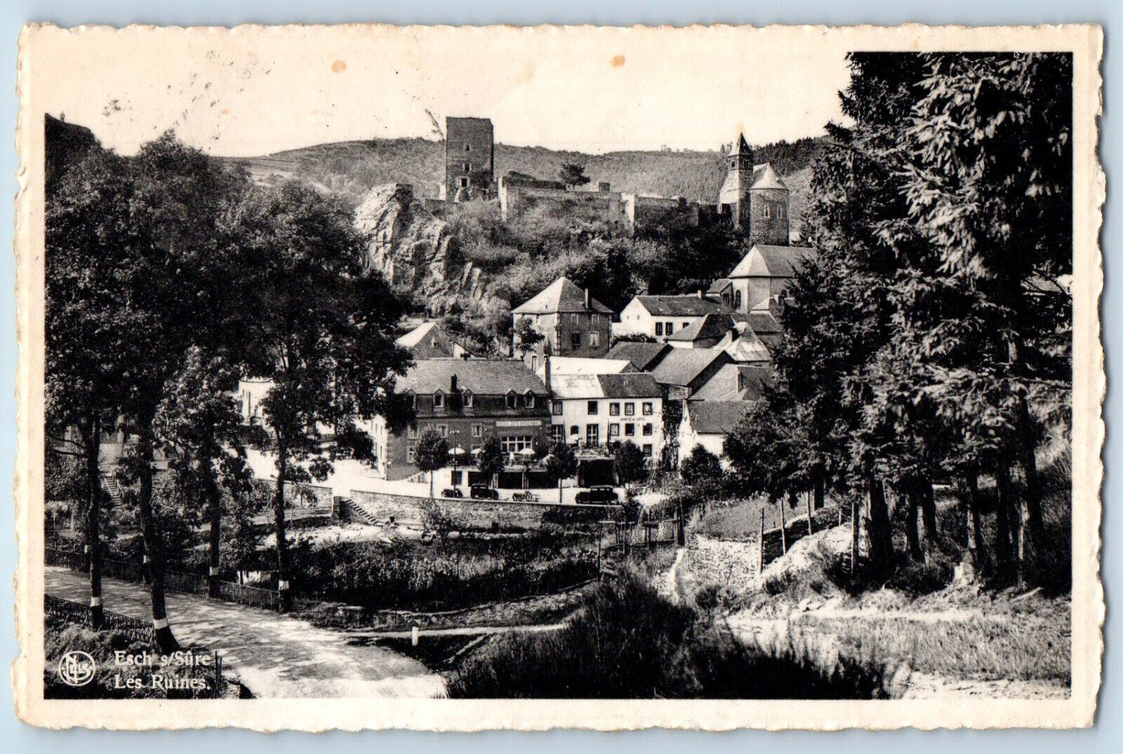 Esch-sur-Sûre Luxembourg Postcard Buildings Ruins View c1930\'s Vintage Posted
