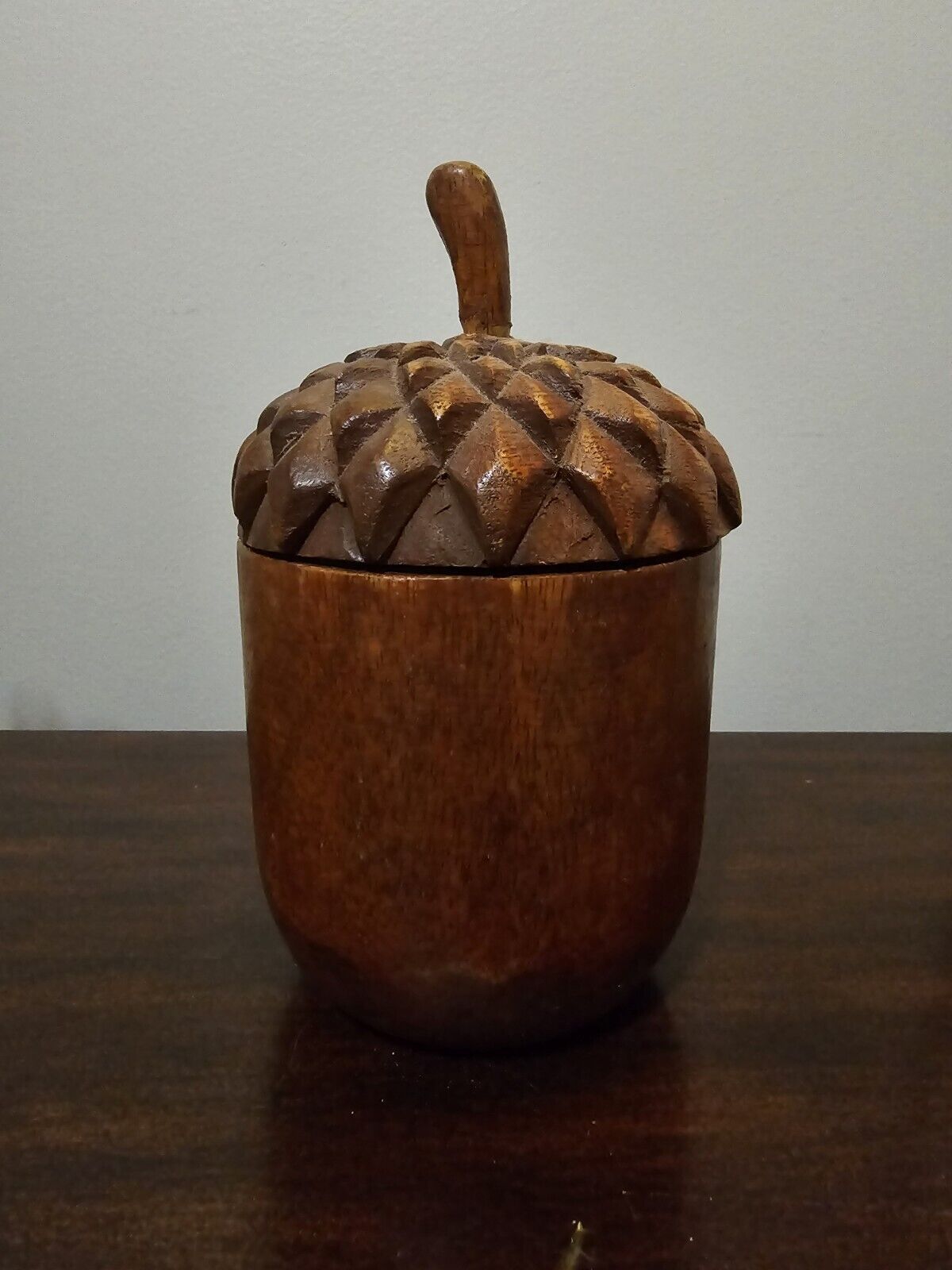 Vintage ACORN Carved Wood Trinket Box 7.5”