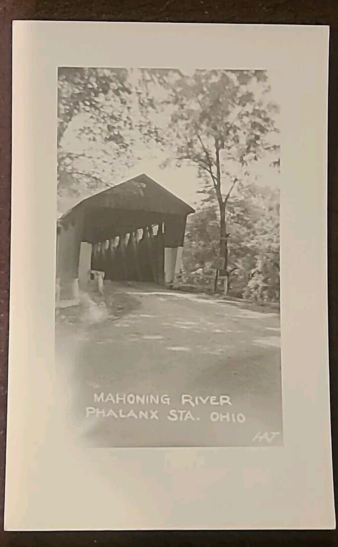 Vintage Mahoning River Newton Falls Ohio Covered Bridge RPPC Postcard