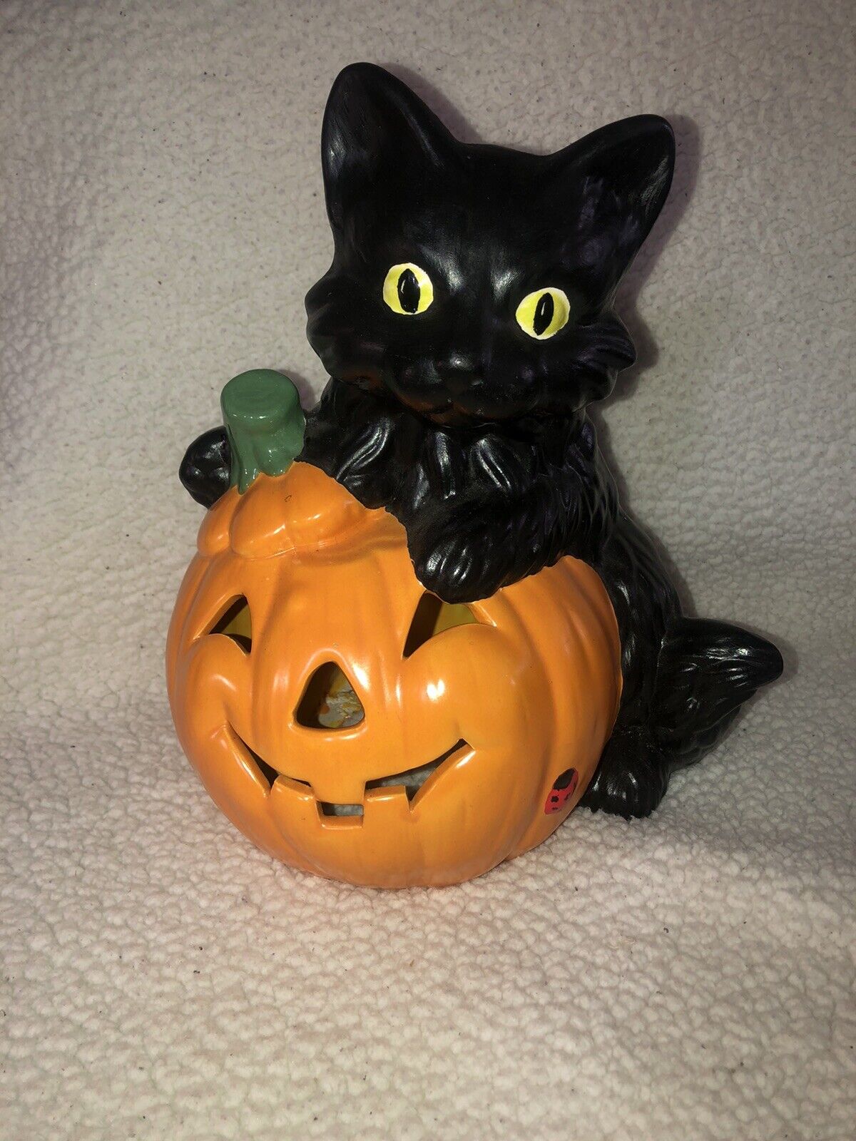 VTG Halloween Ceramic Black Cat Jack O Lantern Pumpkin Decor (NO LIGHT)