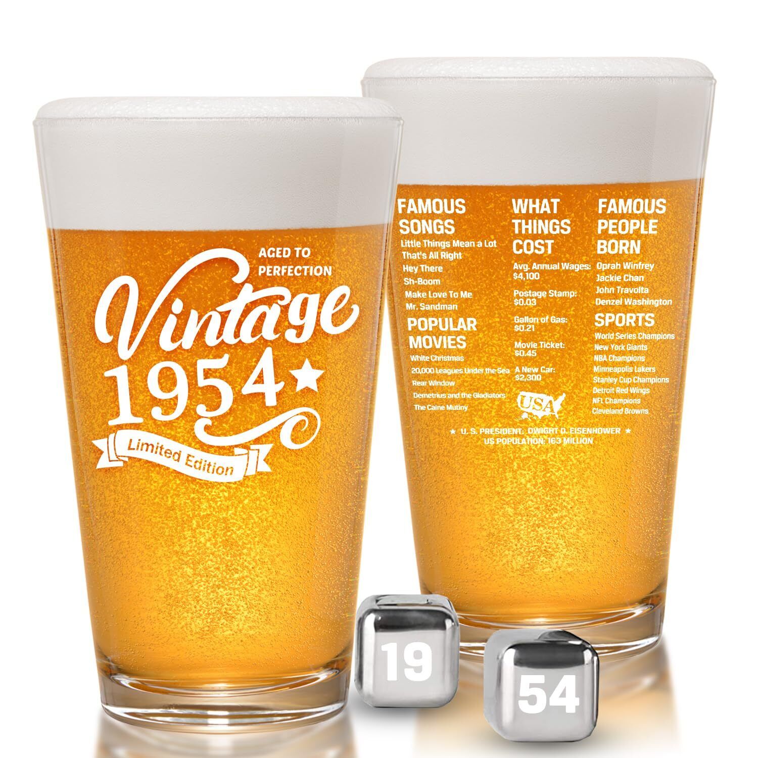 Vintage 1954 Old Time Information 70th Birthday Gifts for Men Women Beer Glas...