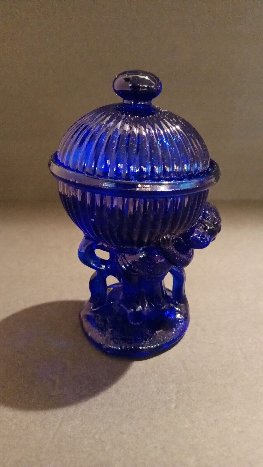 Rare VTG Cobalt Blue Glass Boy Holding 2 Pc Fluted Globe Candy/Trinket Dish.